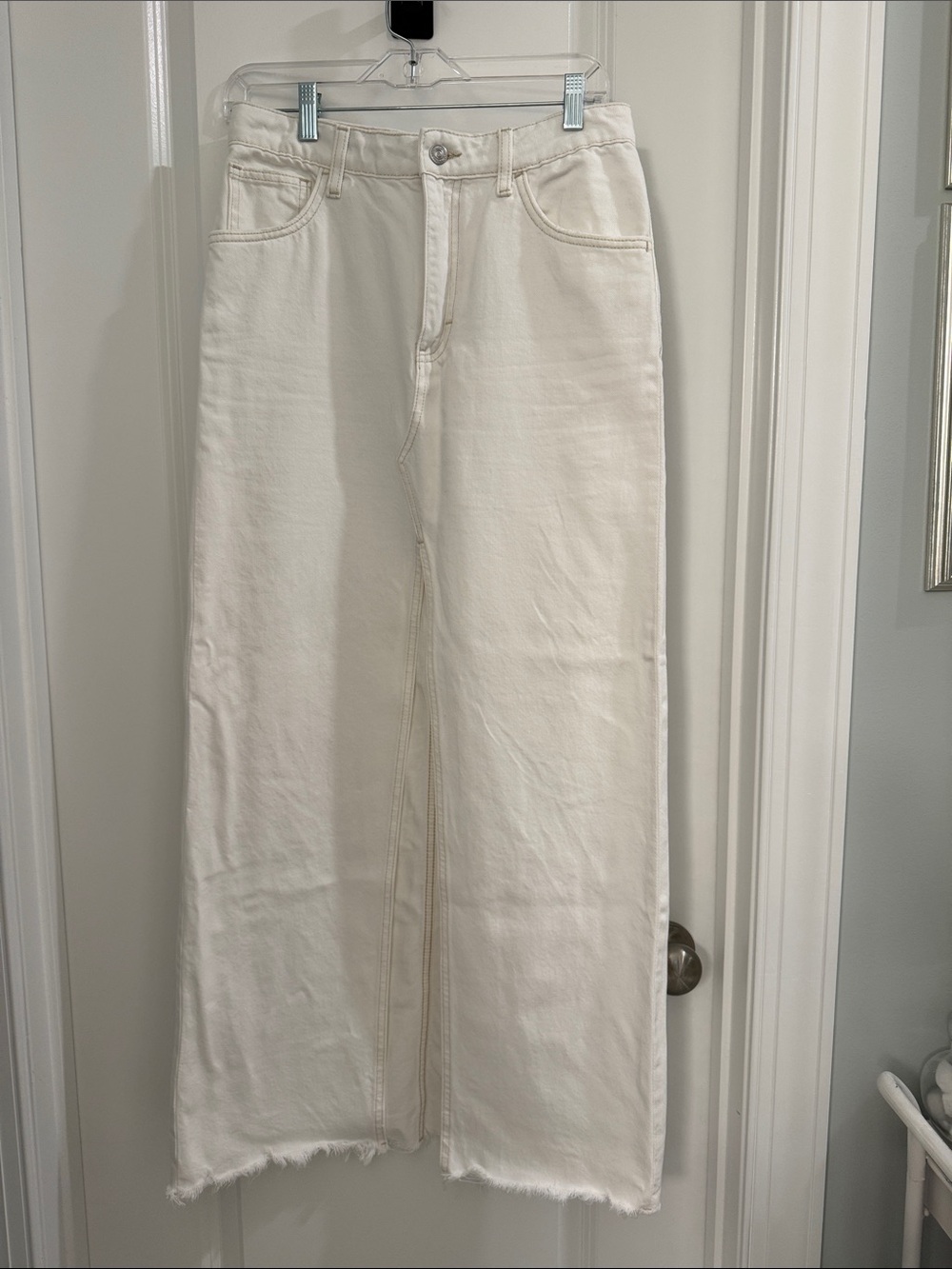 Mango White Denim Raw Hem Maxi Skirt